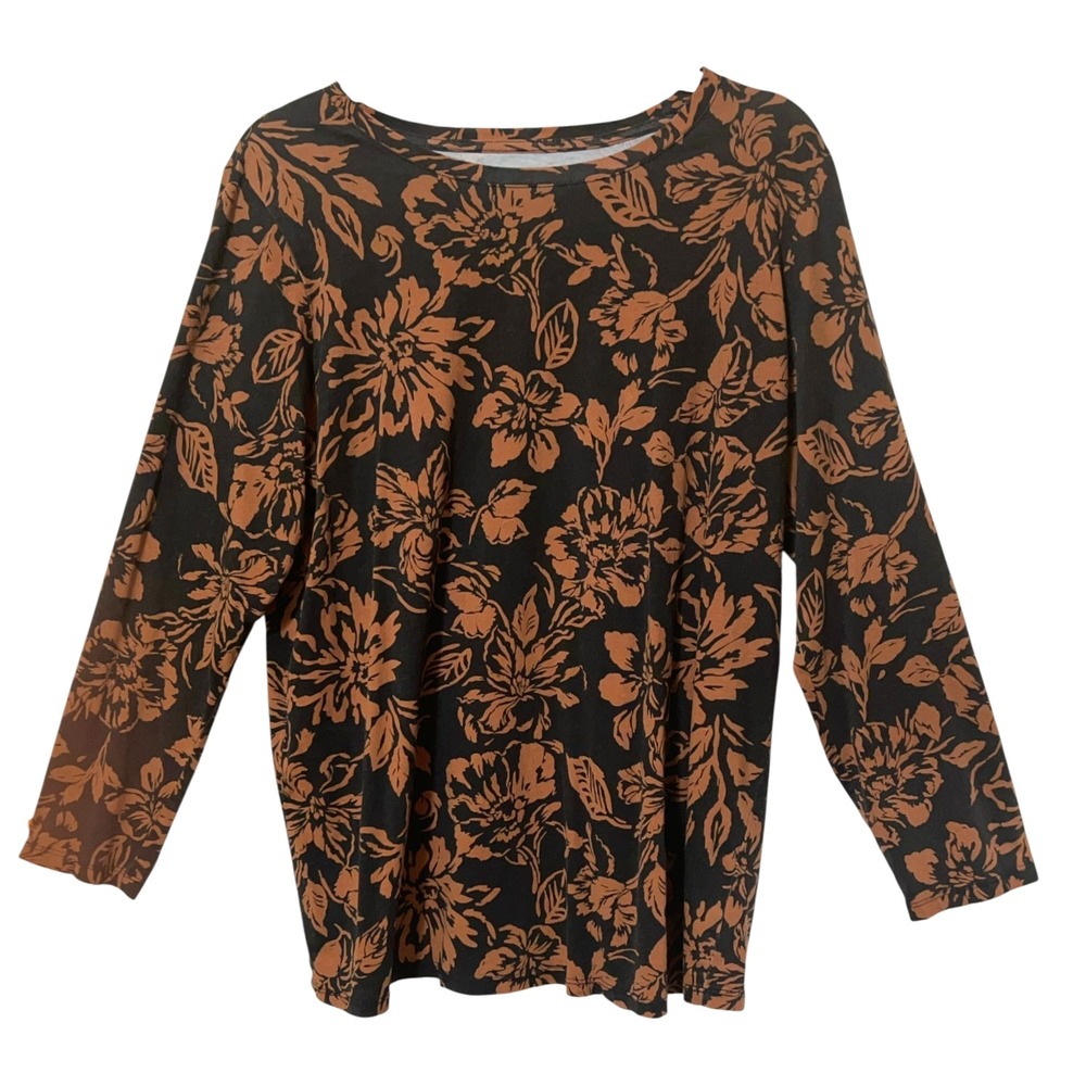 Roaman's Black Cognac Floral Ultimate 100% Cotton Crewneck Tee 14 16 Long Sleeve